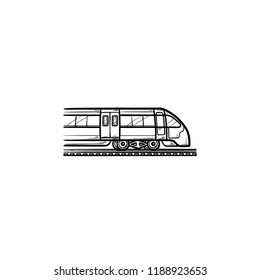Icono del doodle dibujado a mano del esquema del tren. Transporte moderno, viaje y metro, concepto de transporte ferroviario. Dibujo vectorial para impresión, web, móvil e infografía sobre fondo blanco.