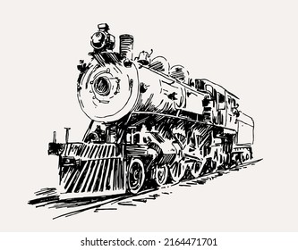 Train Hand-drawn. Vintage Train Illustration In Black Ink On White Paper For Posters And Postcards. European Art Industrial Engine Vintage Train Sketch. Ink Art For Display.