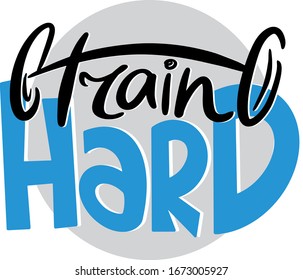 entrena duro con una barbacoa en un círculo gris con una sombra , azul, ilustración motivacional para atletas y constructores de cuerpos, concepto deportivo, impresión para ropa, bolsas, pegatinas, carteles, folletos