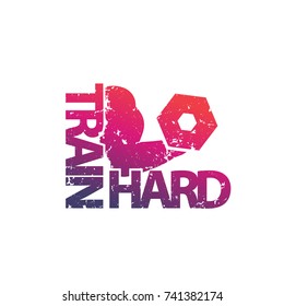 train hard emblem, gym print on white