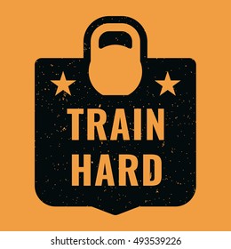 Train hard. Motivation vintage, retro banner, flat vector badge, logo, poster, icon, illustration on yellow background. Can be used for gym, fitness theme.