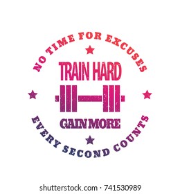 Train hard round emblem, gym print on white