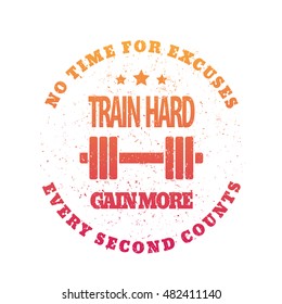 Train hard round emblem on white, vector illustration