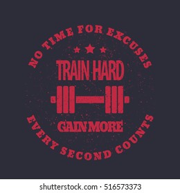 Train hard round emblem, t-shirt print, red on dark