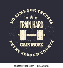 Train hard round grunge emblem, t-shirt print