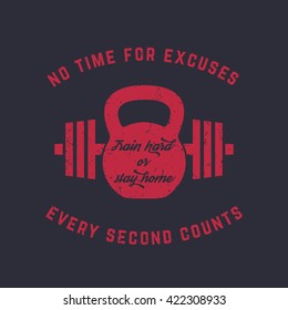 Train hard, vintage gym t-shirt design, print, kettlebell and barbell, red on dark, vector illustration