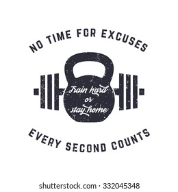 Train hard, vintage t-shirt design, print, kettlebell and barbell, with grunge texture, vector illustration