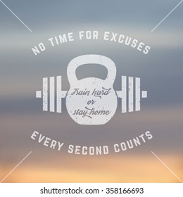 Train hard, vintage t-shirt grunge design, print, kettlebell and barbell, vector illustration