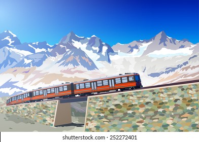 Train in high Alps mountains. EPS 10 format.