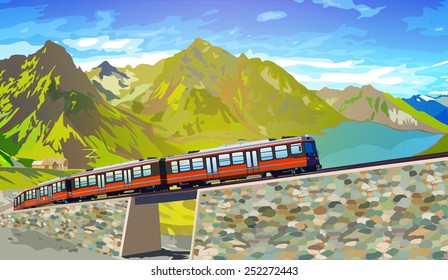 Train in high Alps mountains. Summer season. EPS 10 format.