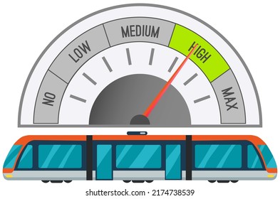 Train high speed transport leaving metro. Public transport speed measurement, train for transporting passengers. Train of subway with automatic doors. Modern tramway at underground station platform