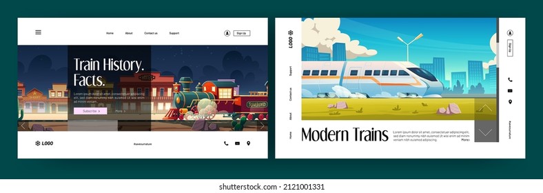 Train history banners with vintage steam engine and modern speed subway. Vector landing pages with cartoon illustration of city landscape with railway and western town with vintage train