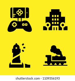 train, hotel, game controller and lighthouse vector icon set. Sample icons set for web and graphic design