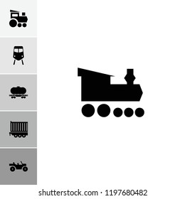 Train icon. collection of 6 train filled icons such as cargo wagon, cargo trailer, weapon truck. editable train icons for web and mobile.