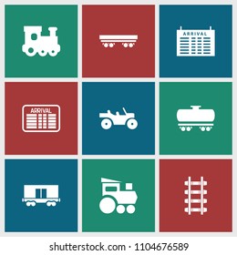 Train icon. collection of 9 train filled icons such as arrival table, cargo wagon, weapon truck. editable train icons for web and mobile.