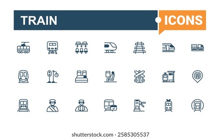 Train icon collection. Icons steam, car, tunnel, commuter, train, conductor, metro, underground. Outline icon collection. Solid line editable stroke. Vector line and solid icons.