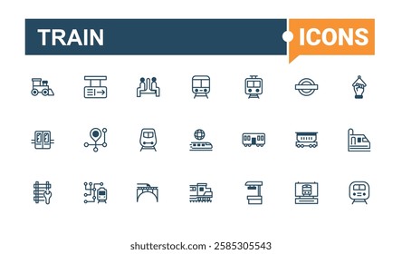 Train icon collection. Icons steam, car, tunnel, commuter, train, conductor, metro, underground. Outline icon collection. Solid line editable stroke. Vector line and solid icons.