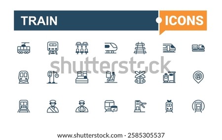 Train icon collection. Icons steam, car, tunnel, commuter, train, conductor, metro, underground. Outline icon collection. Solid line editable stroke. Vector line and solid icons.