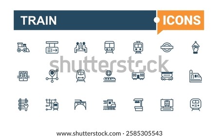 Train icon collection. Icons steam, car, tunnel, commuter, train, conductor, metro, underground. Outline icon collection. Solid line editable stroke. Vector line and solid icons.