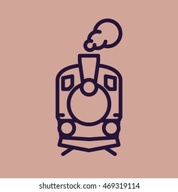 Train icon: old classic steam railway engine. Vintage locomotive front line pictogram on flat background.