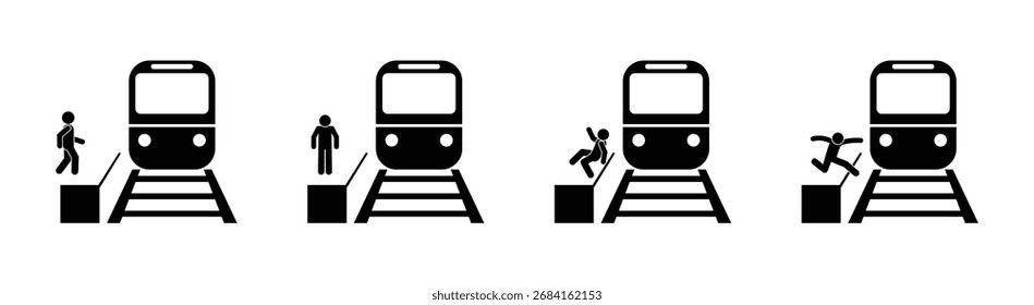 Icono de tren, personas en un conjunto de iconos de estación, stickman de figura de palo en un viaje, reglas de conducta en el metro