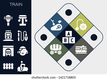 train icon set. 13 filled train icons.  Collection Of - Toy, Railway, Stationary bike, Tunnel, Portuguese, Train, Rattle, Amusement park, Wagon
