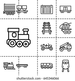 Train icon. set of 13 outline trainicons such as train, arrival table, train toy, cargo wagon, locomotive, railway, cargo trailer, truck rocket