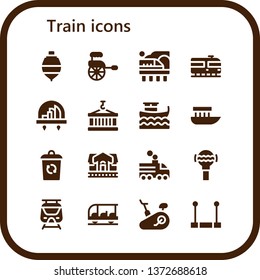 train icon set. 16 filled train icons.  Collection Of - Spinning top, Rickshaw, Train, City, Container, Boat, station, Rattle, Subway, Transportation, Stationary bike, Trapeze