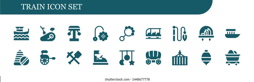 train icon set. 18 filled train icons.  Collection Of - Boat, Stationary bike, Amusement park, Toy, Rattle, Transportation, City, Toys, Rickshaw, Mine, Bumper car, Crib toy, Wagon - Shutterstock ID 1448677778