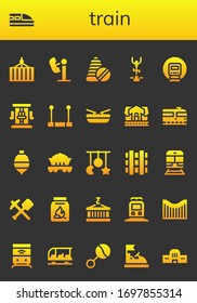 train icon set. 26 filled train icons.  Simple modern icons such as: Container, Train, Amusement park, Toys, Stationary bike, Railway, Roller coaster, Trapeze, Boat, station