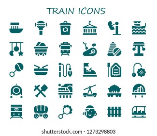  train icon set. 30 filled train icons. Simple modern icons about  - Boat, Rattle, Container, Amusement park, Crib toy, Wagon, Train, Stationary bike, Toys, Toy, Bumper car, Mine
