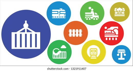 train icon set. 9 filled train icons.  Collection Of - Container, Train, Roller coaster, Railway, station, Amusement park