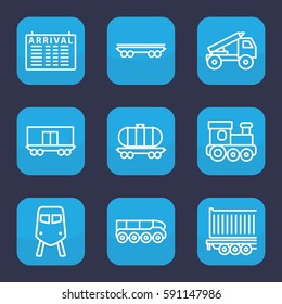 train icon. Set of 9 outline train icons such as arrival table, cargo wagon, cargo trailer, truck rocket