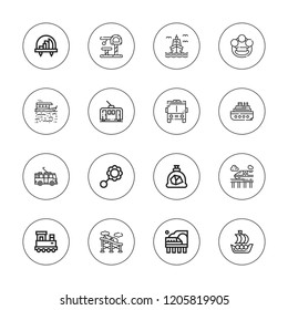 Train icon set. collection of 16 outline train icons with boat, coal, bus, city, rattle, roller coaster, toy, train icons.