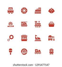 train icon set. Collection of 16 filled train icons included Train, Rattle, Boat, Bumper car, Fairground, Transport, Railroad, Hyperloop, Amusement park, Baby boy, Mining