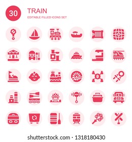 train icon set. Collection of 30 filled train icons included Rattle, Boat, Railroad, Container, Carousel, Toy, Train station, Bumper car, Baby boy, Mining, Amusement park
