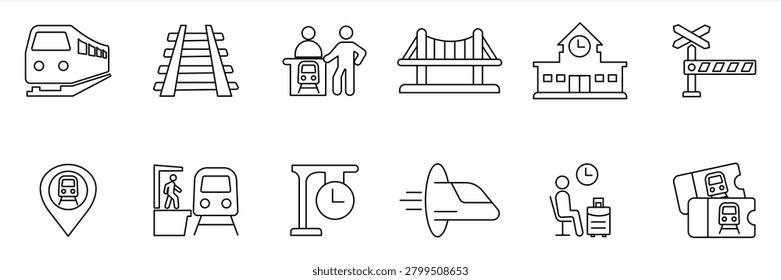 Train icon set, containing trains, stations, railway tracks, transportation, locomotives, and rail lines. Vector illustration