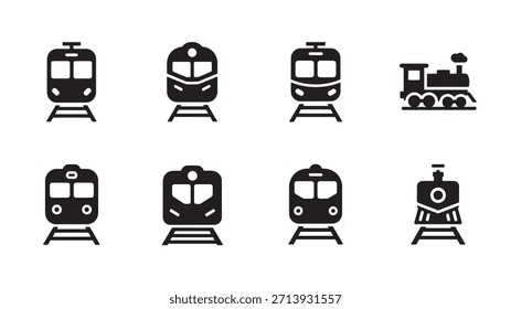 Conjunto de Vector de icono de tren. Vehículo de locomotora de vapor de ferrocarril de Transporte Viaje público de pasajeros Estación de transporte urbano. Gráfico minimalista de ilustración aislada.