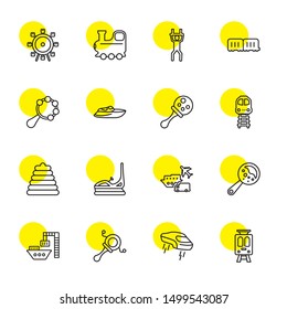 train icons. Editable 16 train icons. Included icons such as Tram, Flying car, Rattle, Port, Transportation, Dodgem, Toy, Train, Boat, Wagon, Trapeze. trendy icons for web.