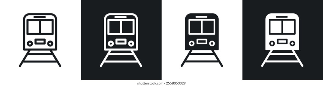Train icons pack in black and white filled and outlined versions.