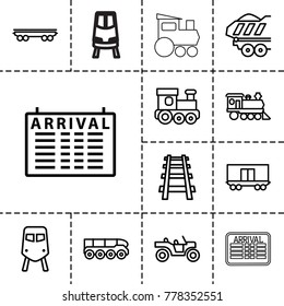 Train icons. set of 13 editable outline train icons such as arrival table, cargo wagon, locomotive, railway, cargo trailer
