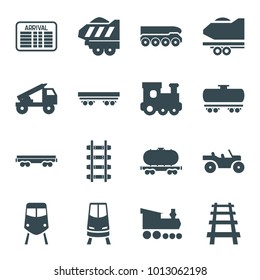 Train icons. set of 16 editable filled train icons such as cargo wagon, railway, cargo trailer, truck rocket, weapon truck, arrival table
