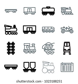 Train icons. set of 16 editable outline train icons such as arrival table, cargo wagon, locomotive, cargo trailer, weapon truck