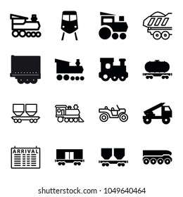 Train icons. set of 16 editable filled and outline train icons such as cargo wagon, truck rocket, weapon truck, arrival table, locomotive