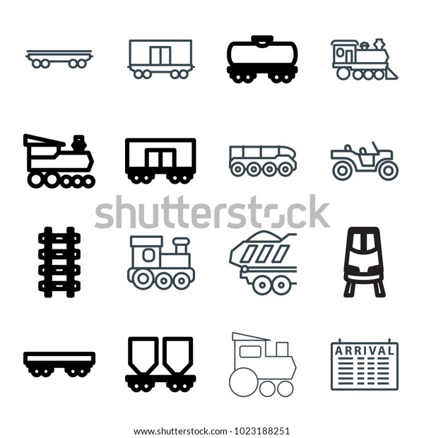 Train icons. set of 16 editable outline train icons\
such as arrival table, cargo wagon, locomotive, cargo trailer,\
weapon truck