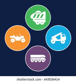 Train icons set. set of 4 train filled icons such as cargo trailer, truck rocket