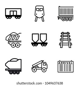 Train icons. set of 9 editable outline train icons such as train, arrival table, railway, cargo trailer, truck rocket