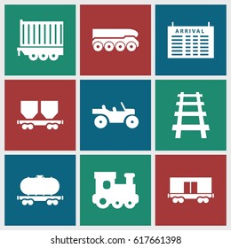 Train icons set. set of 9 train filled icons such as arrival table, train toy, cargo wagon, railway, cargo trailer