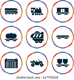 Train icons set. set of 9 train filled icons such as arrival table, cargo wagon, locomotive, cargo trailer