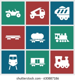Train icons set. set of 9 train filled icons such as cargo wagon, locomotive, cargo trailer, truck rocket